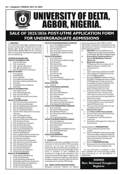 UNIDEL Post-UTME 2025: cut-off mark, eligibility and registration details