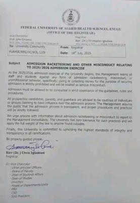 Federal University of Allied Health Sciences, Enugu warns against admission racketeering