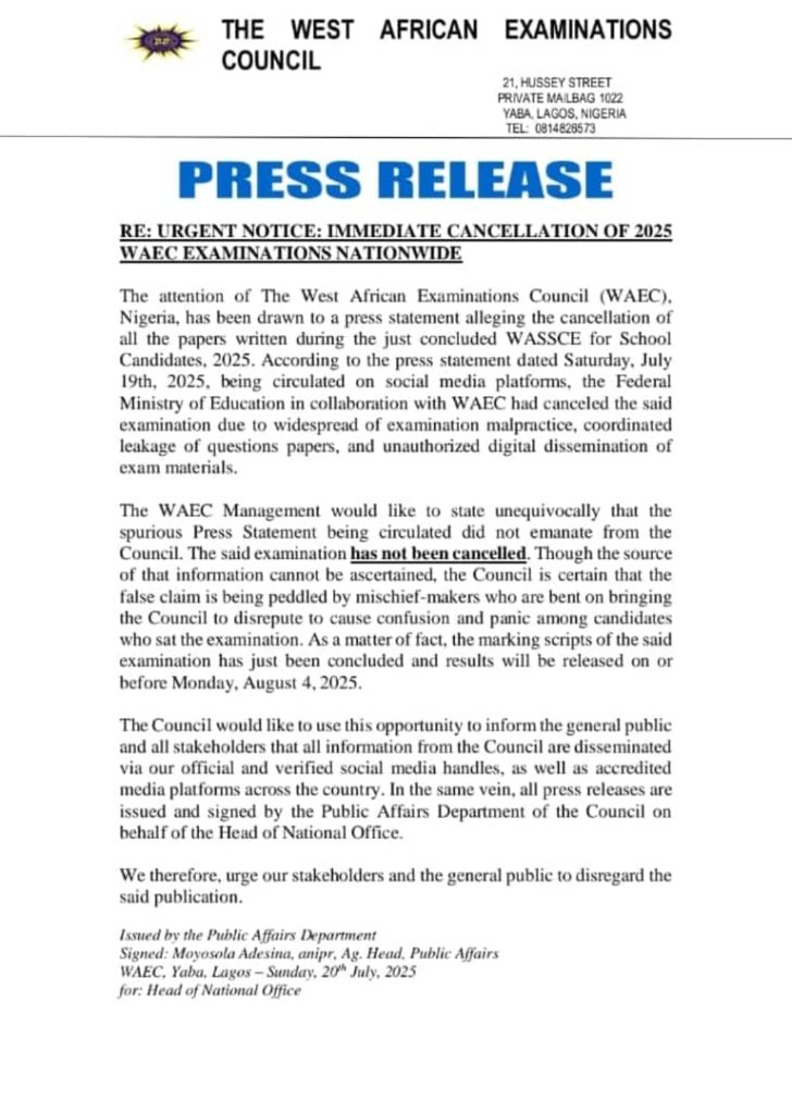 WAEC DEBUNKS CANCELLATION OF 2025 WASSCE