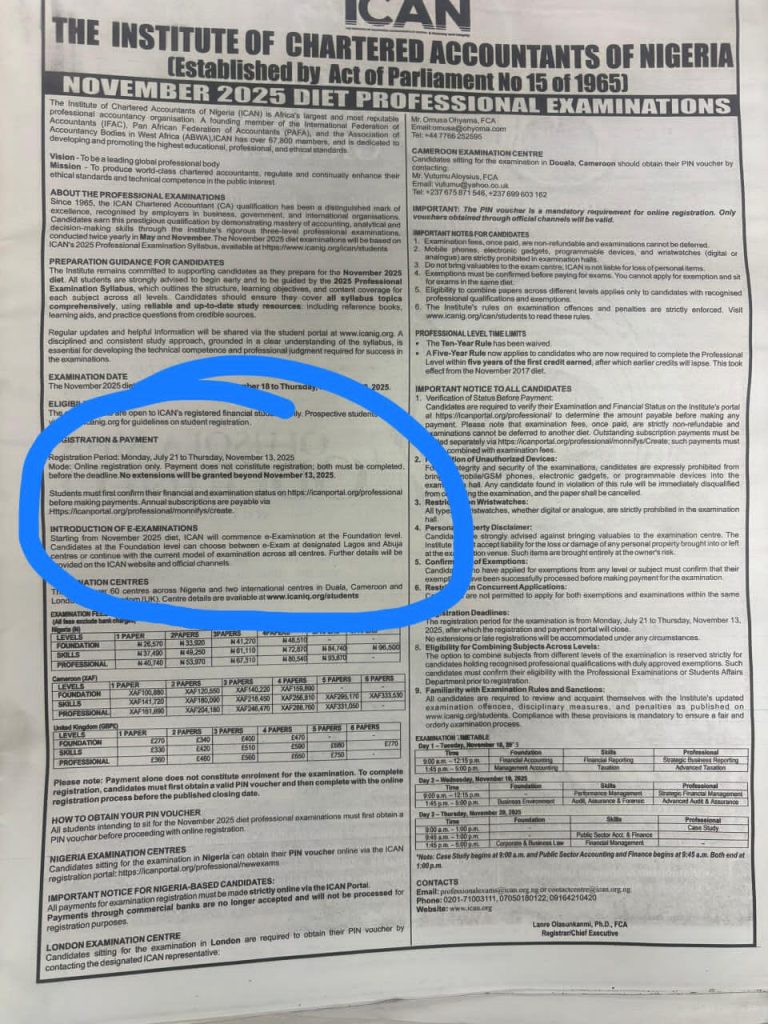 ICAN EXAMINATION FOR NOVEMBER DIET 2025 OPTIONAL FOR CBT