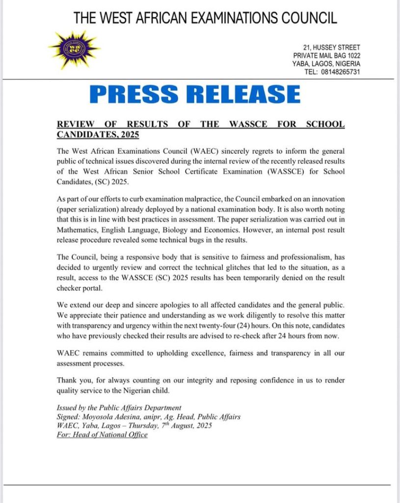MASSIVE FAILURE: WAEC SET TO REVIEW RELEASED RESULTS OF WASSCE FOR 2025 SCHOOL CANDIDATES