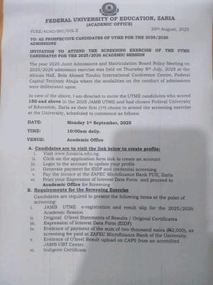 Fed University of Education, Zaria announces Post-UTME screening, 2025/2026