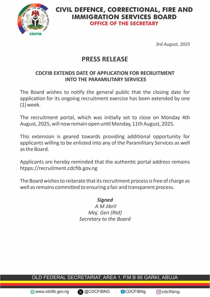 CDCFIB EXTENDS DATE OF APPLICATION FOR RECRUITMENT INTO THE PARAMILITARY SERVICES