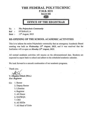 Federal Polytechnic Bauchi reopens school academic activities