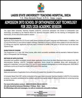 LASUTH admission into School of Orthopaedic Cast Technology, 2025/2026