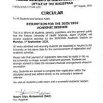 FUHSA notice on resumption of academic activities, 2025/2026