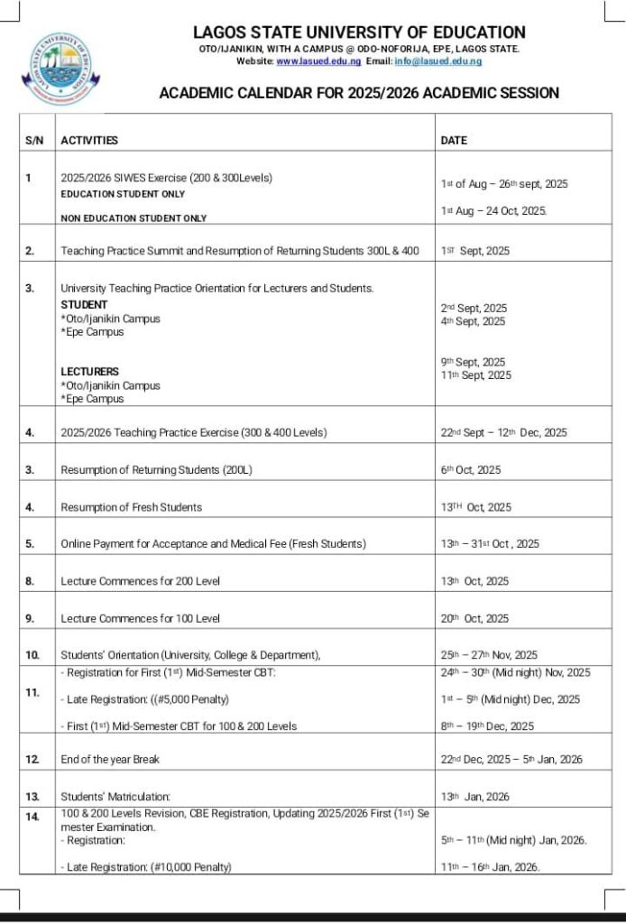 Lagos State University of Education (Lasued) Releases Approved Academic Calendar for 2025/2026 Session