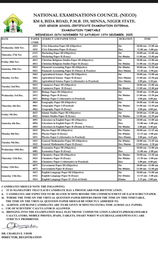 NECO RELEASES 2025 GCE TIME-TABLE