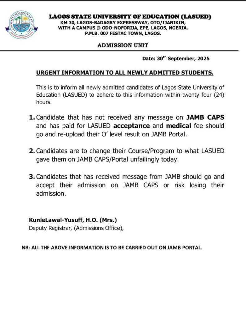 Notice to all Newly Lasued Admitted Students