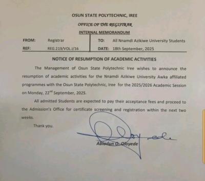 OSPOLY announces resumption of academic activities for UNIZIK affiliated programmes, 2025/2026