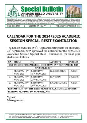 ABU releases special resit exam timetable, 2024/2025