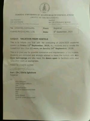 FUAHSE issues notice on vacation of hostels