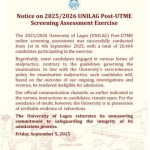 UNILAG issues notice on the conclusion of Post-UTME screening, 2025/2026
