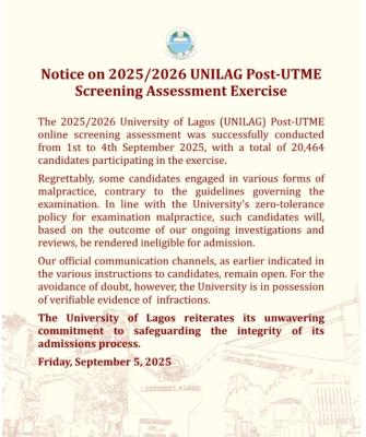 UNILAG issues notice on the conclusion of Post-UTME screening, 2025/2026
