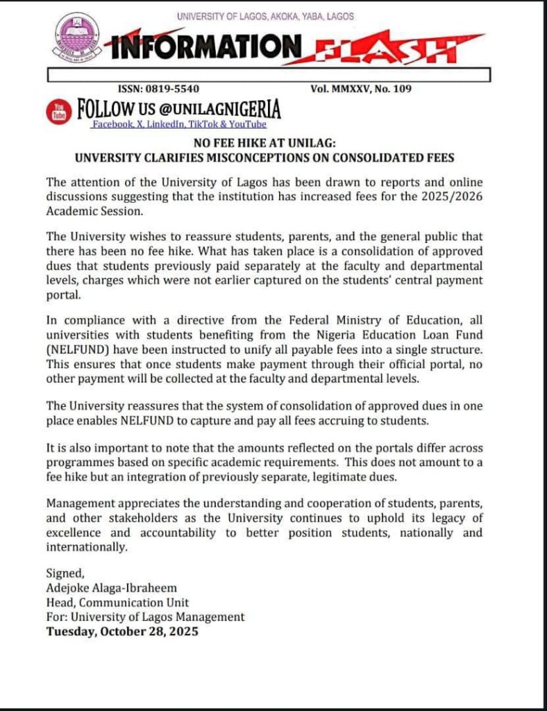 NO FEE HIKE AT UNILAG; MANAGEMENT CLEARS AIR ON CONSOLIDATED FEES.