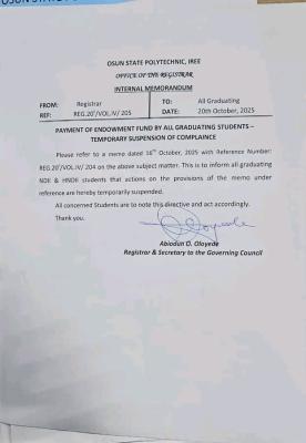 OSPOLY suspends payment of endowment fund by graduating students