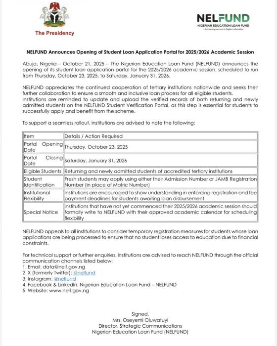 NELFUND announces opening of students’ loan application portal