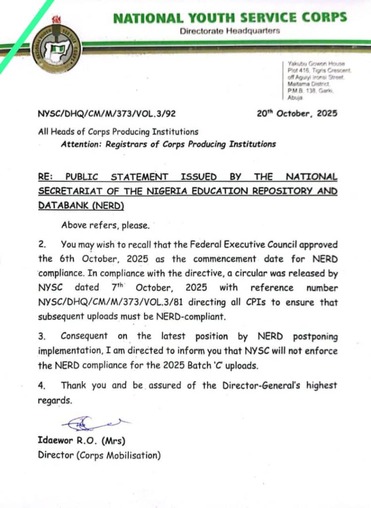 NYSC WON’T ENFORCE NERD COMPLIANCE FOR THE 2025 BATCH C UPLOADS