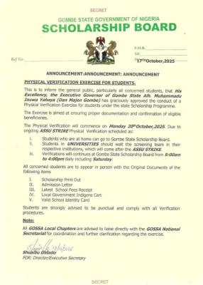 Gombe state scholarship board announces physical verification exercise