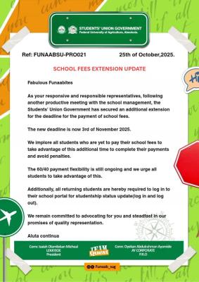 FUNAAB SUG notice on extension of deadline for school fees payment