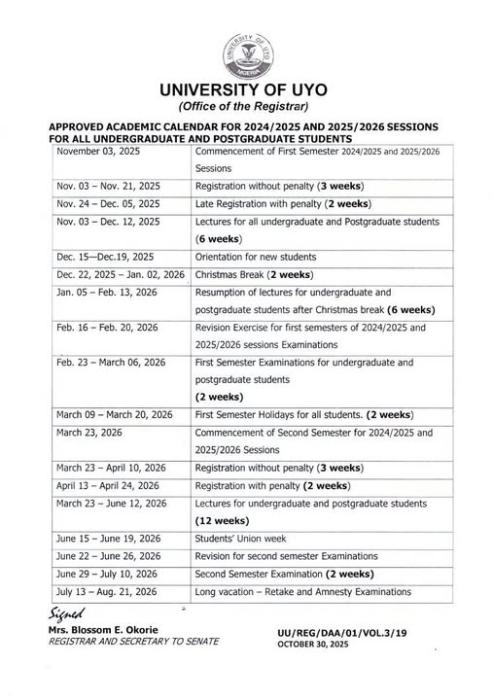 UNIUYO academic calendar for 2024/2025 & 2025/2026