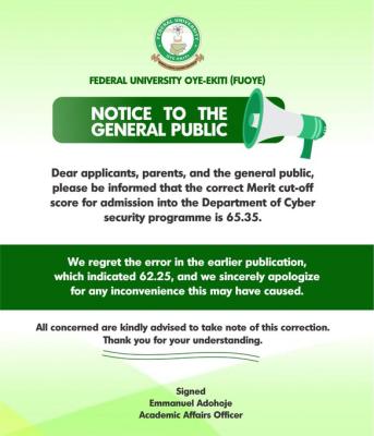 FUOYE notice on the correct admission cut-off mark for Cyber Security course
