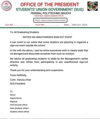 Fed Poly Bauchi SUG notice to graduating students on unauthorized sign-out event