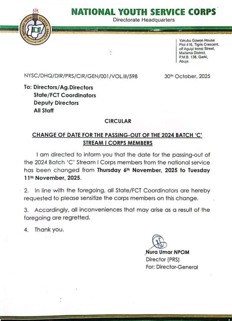 NYSC: CHANGE OF POP DATE FOR 2024 BATCH C1