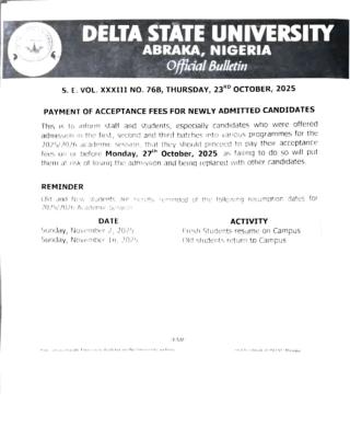 DELSU deadline for payment of acceptance fee, 2025/2026