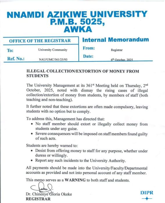 UNIZIK addresses illegal collection/extortion of money from students
