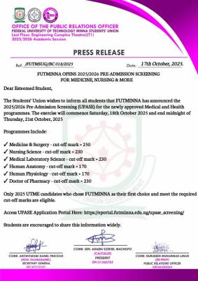 FUTMINNA Pre-admission screening for newly approved Medical and Health programmes, 2025/2026