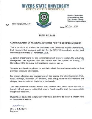 RSUST announces commencement of 2025/26 academic session