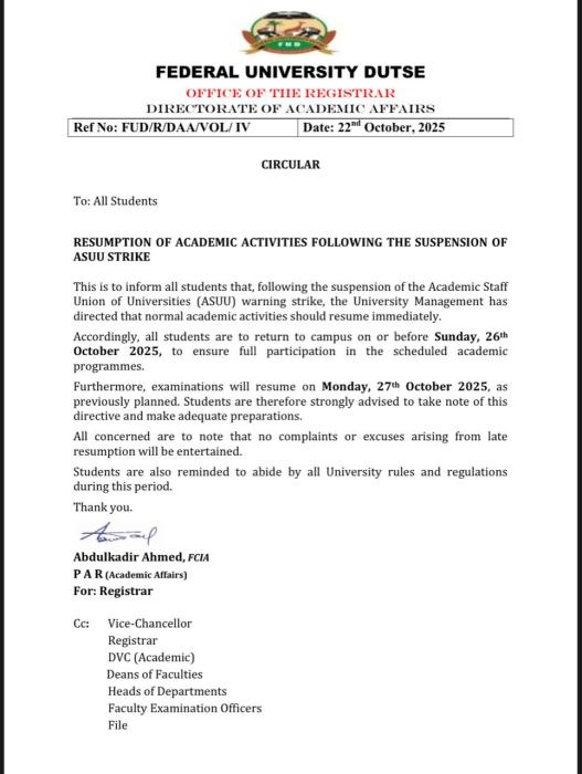 FUDutse announces resumption of academic activities