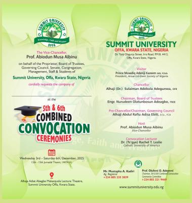 Summit University, Offa announces 5th & 6th combined convocation ceremonies