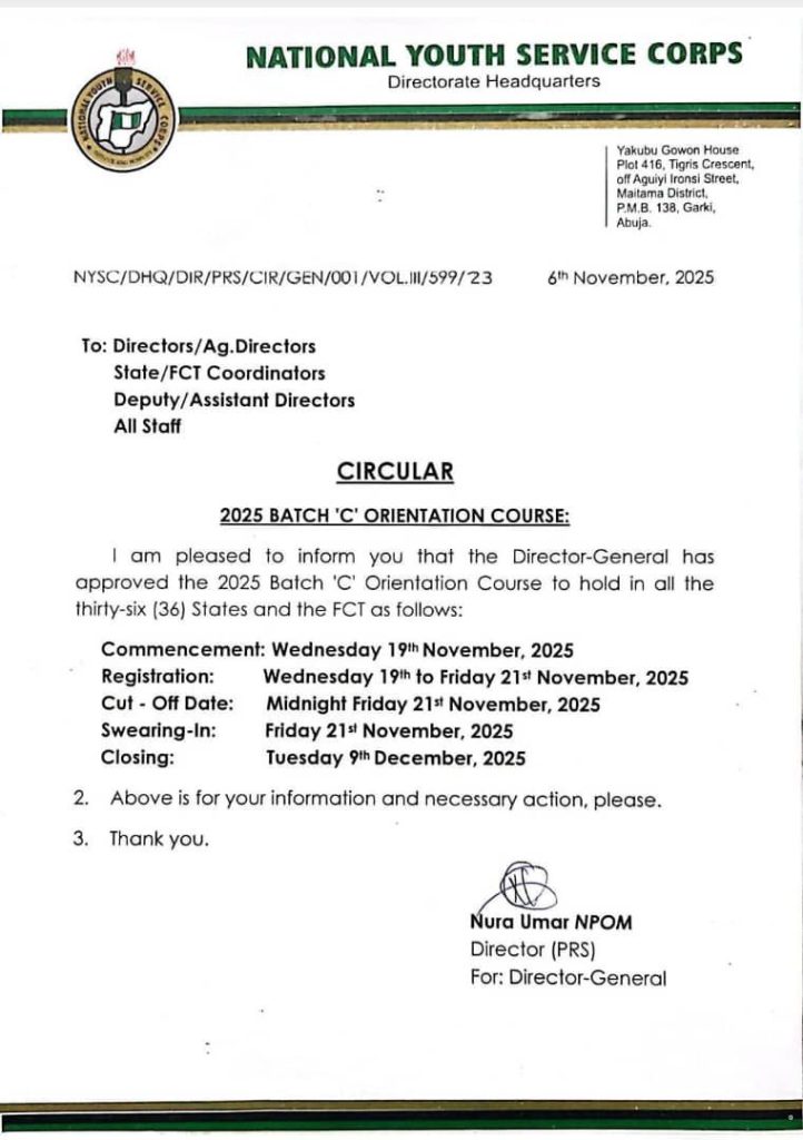 NYSC ANNOUNCES 2025 BATCH ‘C’ ORIENTATION COURSE SCHEDULE