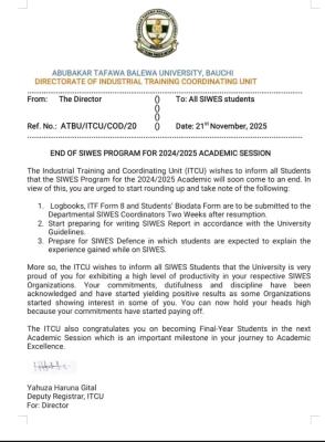 ATBU announces conclusion of 2024/2025 SIWES program