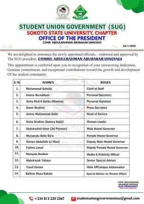 Sokoto State University SUG announces newly appointed officials