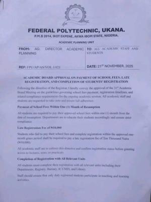 Fed Poly, Ukana announces new directive on school fees and registration