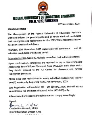 Federal University of Education, Pankshin new students registration, 2025/2026