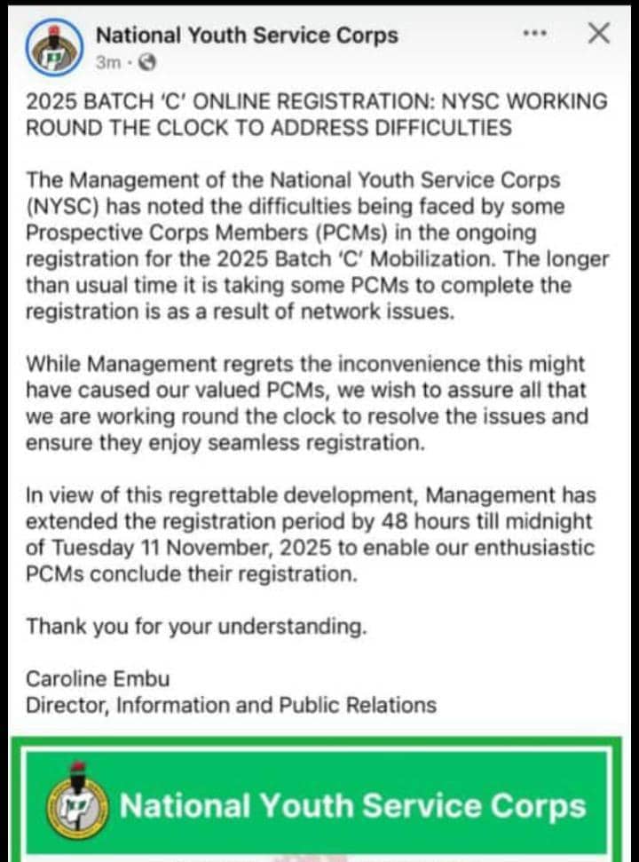 2025 BATCH ‘C’ ONLINE REGISTRATION: NYSC EXTENDS REGISTRATION DEADLINE