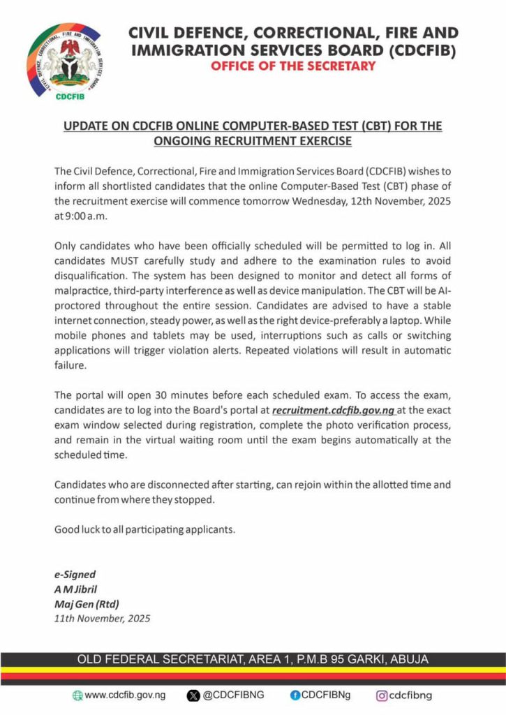 CDCFIB ONLINE COMPUTER-BASED TEST (CBT) FOR THE ONGOING RECRUITMENT EXERCISE