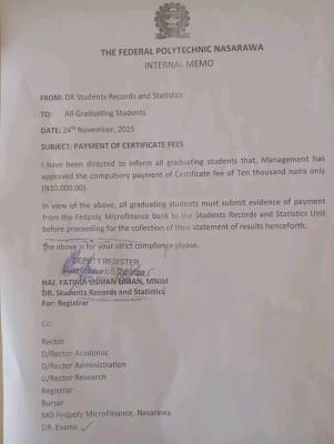 Federal Poly Nasarawa announces compulsory certificate fee for graduating students