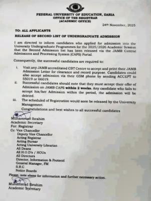 FUED, Zaria 2nd batch undergraduate admission list, 2025/2026