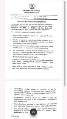 UNIUYO guidelines for 2025/2026 matriculation ceremony
