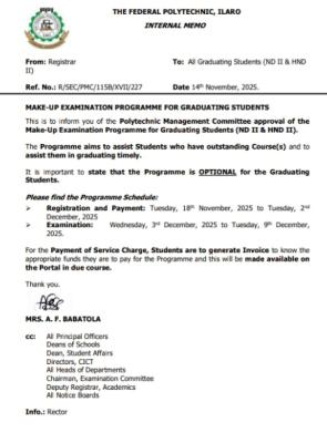 Federal Polytechnic Ilaro make-up examination programme for ND II and HND II students