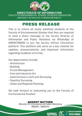 UNIUYO Faculty of Environmental Sciences notice to new students
