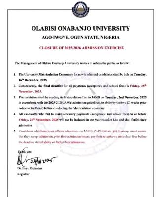 OOU announces closure of admission, gives instructions to admitted students, 2025/2026