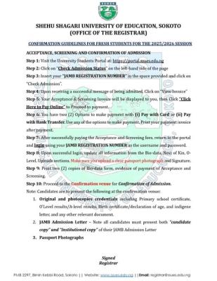 SSUES registration guidelines for 2025/2026 Fresh Students