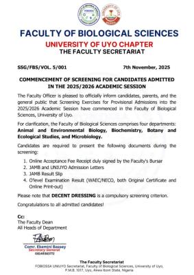 UNIUYO Faculty of Biological science begins physical screening for new students