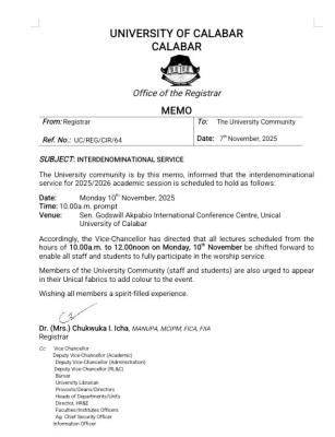 UNICAL announces inter denominational service for 2025/26 session